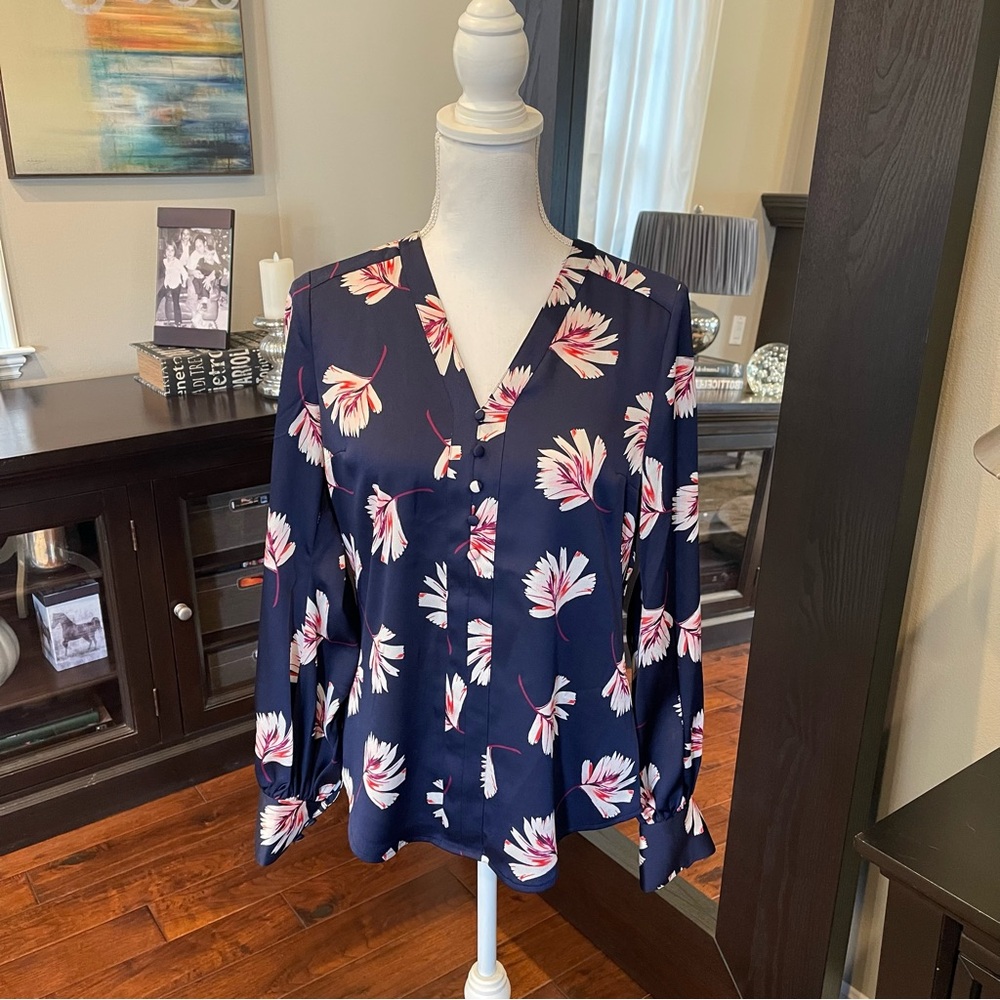 Express Blue and Pink Relaxed Blouse with Notched Collar